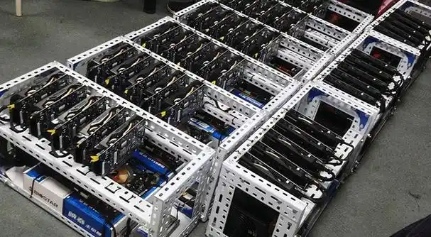 A large-scale mining farm with rows of mining rigs and cooling infrastructure.